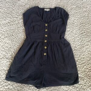 Universal thread gauze button up romper. Charcoal color. Size XS.